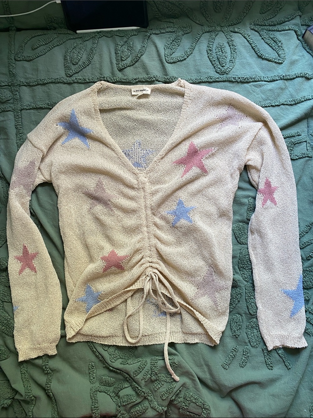 Light Star-Print Drawstring V-Neck Sweater - Cream with Pink & Blue Stars
